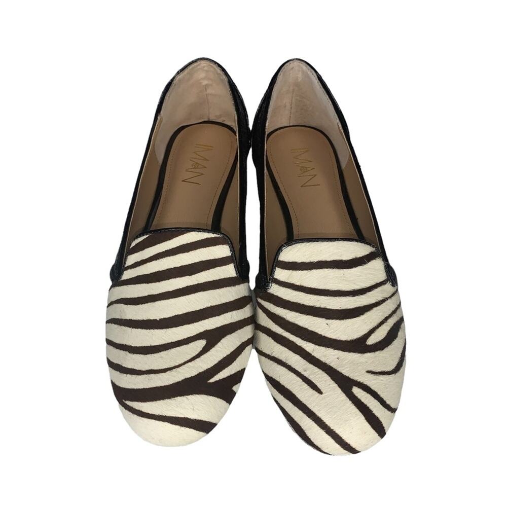 IMAN calf hair zebra print size 6.5M flats brown and beige glittery side…